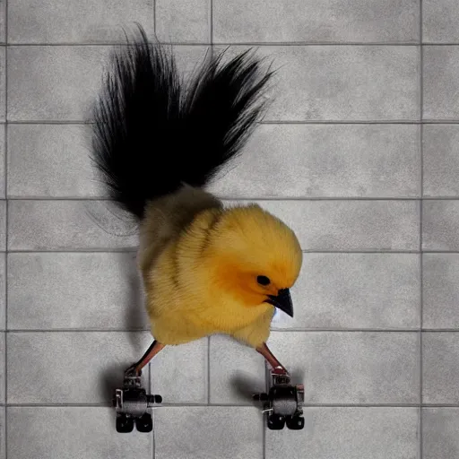 Image similar to fluffy chick looking at the camera, on a skateboard with the nose up, on floor with tiles, photorealistic