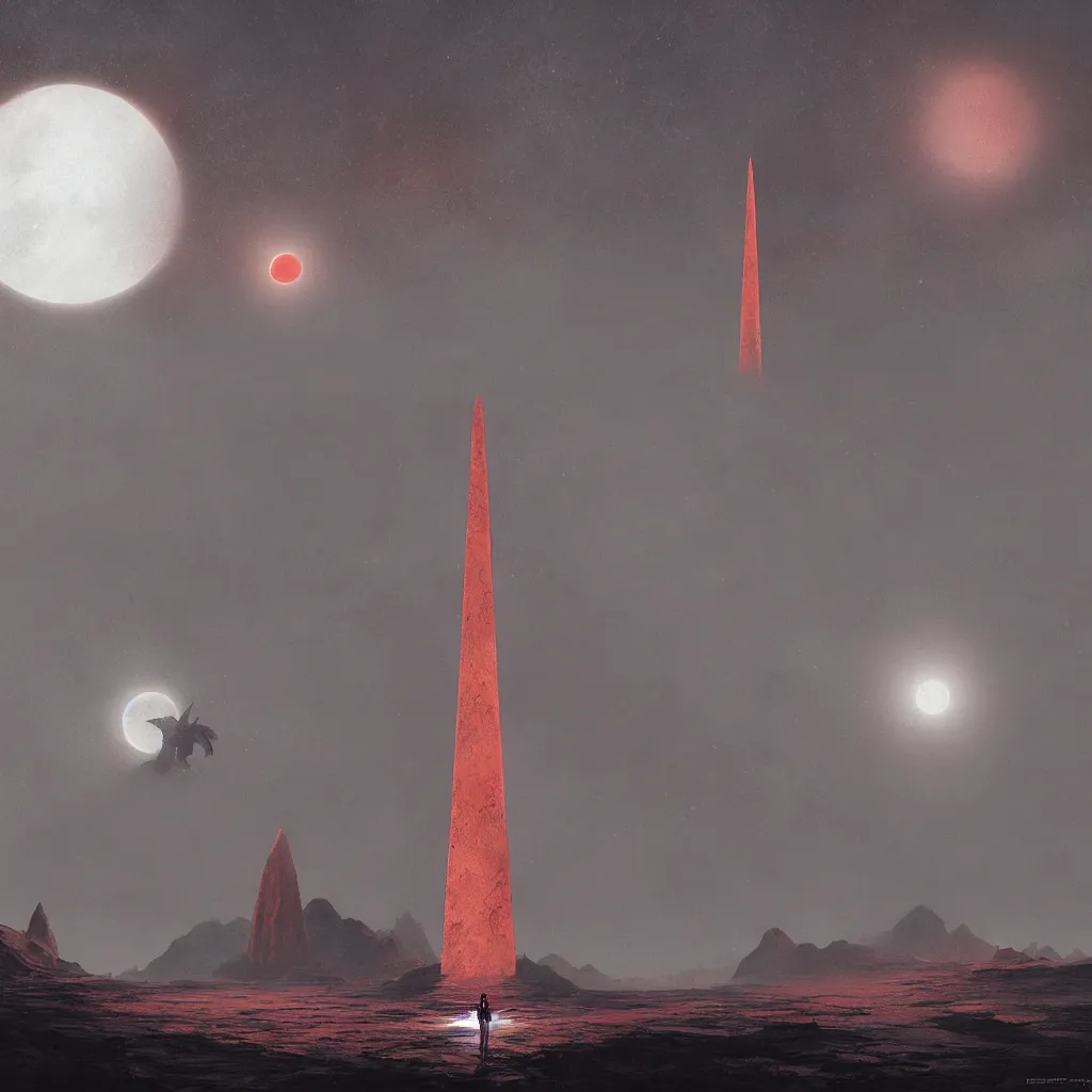 Prompt: red moon surface with a white tall obelisk in the foreground, dragon flying in the background, by raphael lacoste, don maitz, stephan martiniere