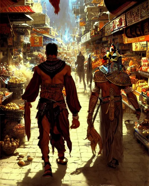 Prompt: fantasy concept art by craig mullins depicting colin farrell as an ancient egyptian rogue walking through a busy oriental market