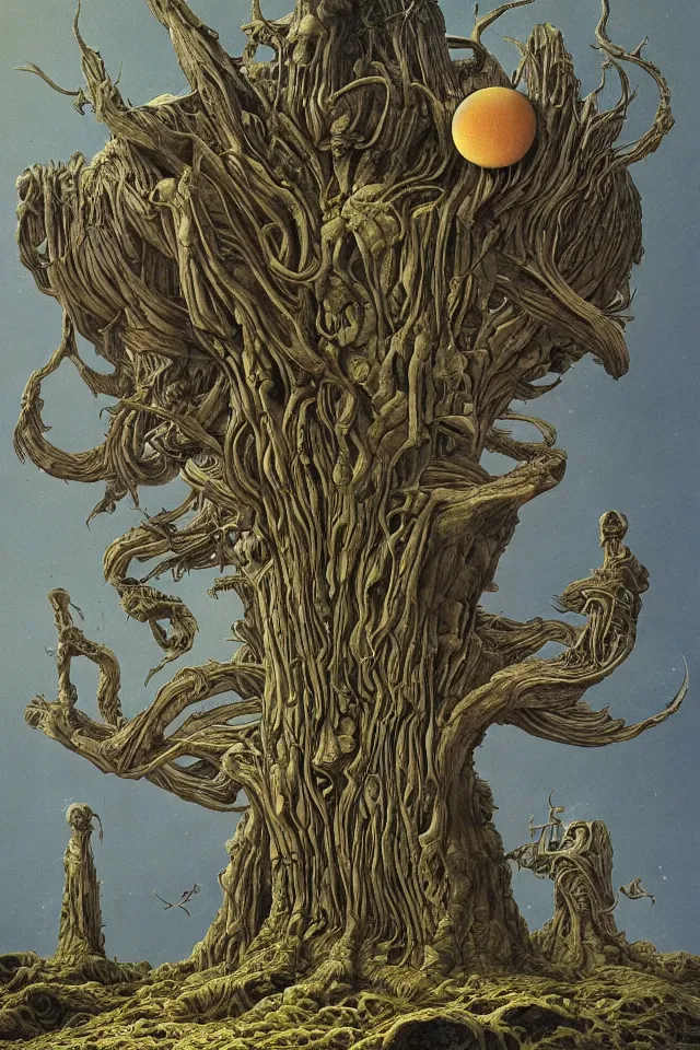 Image similar to an incredible illustration morning on a beautiful alien planet with strange trees and flowers, by hr giger, richard corben, zdzisław beksinski, moebius, hieronymus bosch and francis bacon, trending on artstation, highly detailed