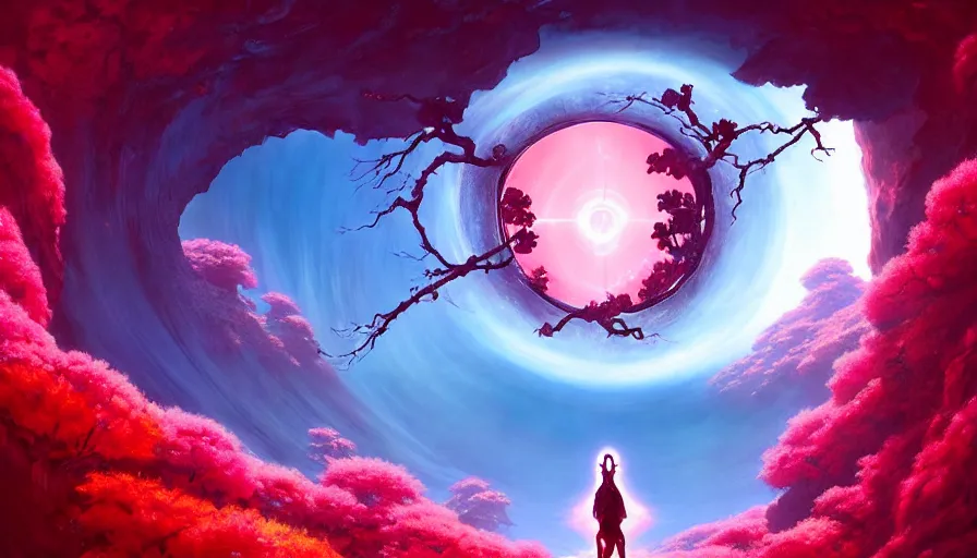 Prompt: a sakura portal appears out of nowhere in waimea canyon, inside the portal is a gateway to an alien world, otherworldly visuals, visually stunning, divine, scifi, by james jean, ruan jia, ilya kuvshinov, martine johanna, peter mohrbacher
