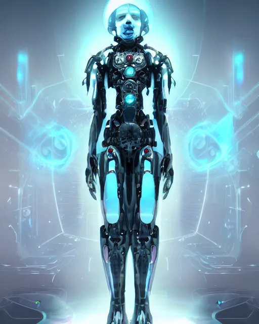 Image similar to benevolent android necromancer, aura of light, intelligent, friendly, artificial intelligence, scifi, futuristic, highly detailed, trending on artstation, advanced technology, art by vitaly bulgarov and nivanh chanthara and lance wilkinson