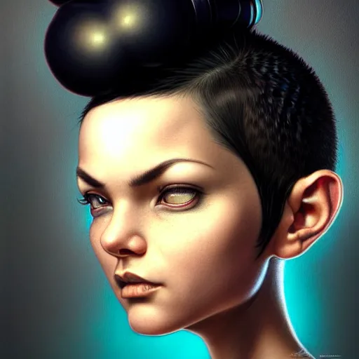 Image similar to portrait of a beautiful cute realistic determined female gnome engineer, black pixie undercut haircut, charming, intense stare, micro detail, intricate, elegant, highly detailed, centered, artstation, sharp focus, illustration, artgerm, tomasz alen kopera, peter mohrbacher, donato giancola, wlop