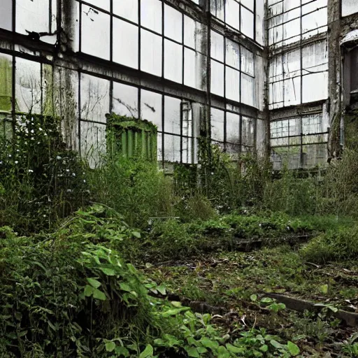 Image similar to an abandoned building, overgrown plants, dreamy, overcast, by hans bellmer