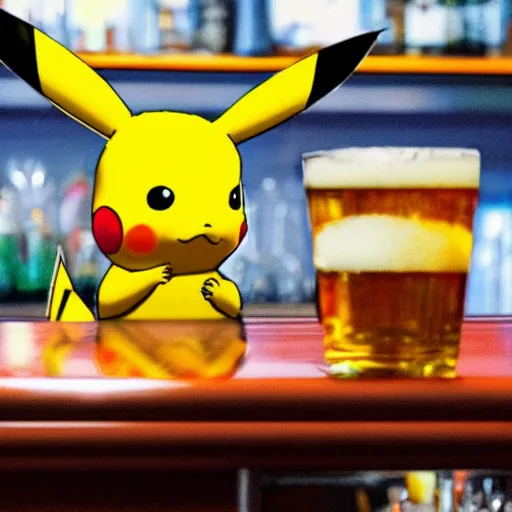 Image similar to pikachu sitting at the bar top of an Irish pub drinking beer