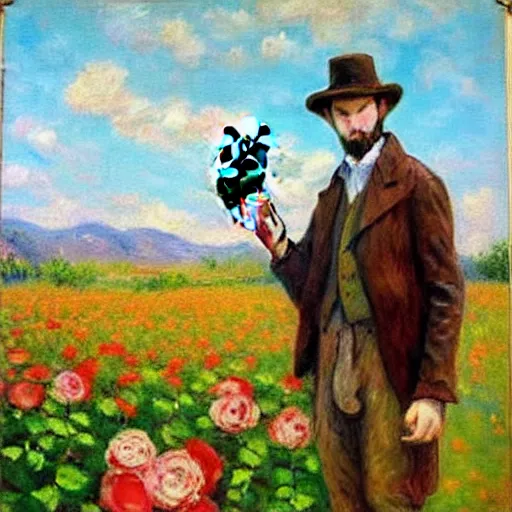 Image similar to an impressionist painting of a tall man with blue eyes and brown hair that is wearing a wide brim leather hat and a leather vest. He is holding a revolver in his left hand and a ((((red rose is in his right hand))))!!!!!!!!!!!, He is standing in a field of roses, Blue sky in the background, trending on artstation