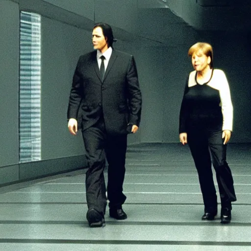 Image similar to Angela Merkel fighting Neo in the matrix movie