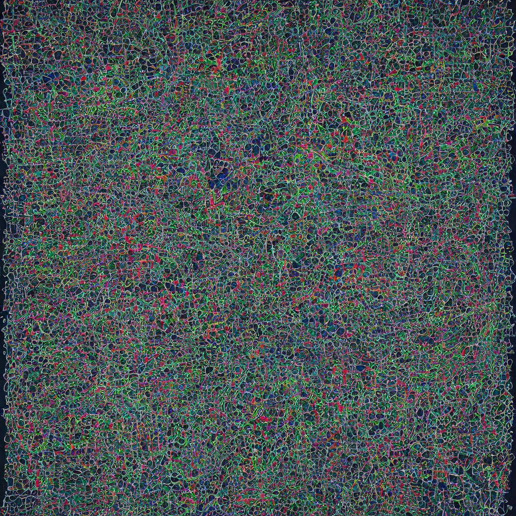 Prompt: camo made of out smiles, smiling, abstract, maya bloch artwork, ivan plusch artwork, cryptic, lines, stipple, dots, abstract, geometry, splotch, concrete, color tearing, uranium, acrylic, neon, pitch bending, human figures, faceless people, dark, ominous, eerie, minimal, points, technical, painting