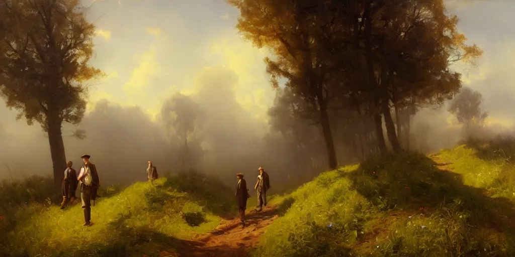 Image similar to a big hillside meadow in 1 9 4 0 with blue light on, sunny day, a men stand up on the road, mystical orange fog, oil on canvas, art by andreas achenbach, clemens ascher, tom bagshaw and sabbas apterus,