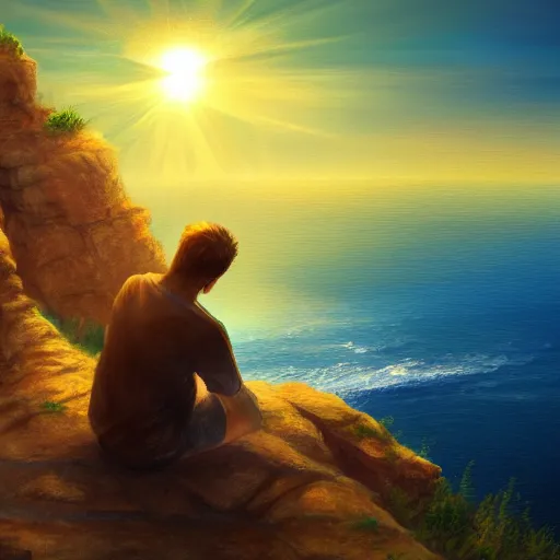 Image similar to a man sitting on a cliff watching the sun explode, painting, digital art, harsh lighting, 4 k hd wallpaper, trending on art station