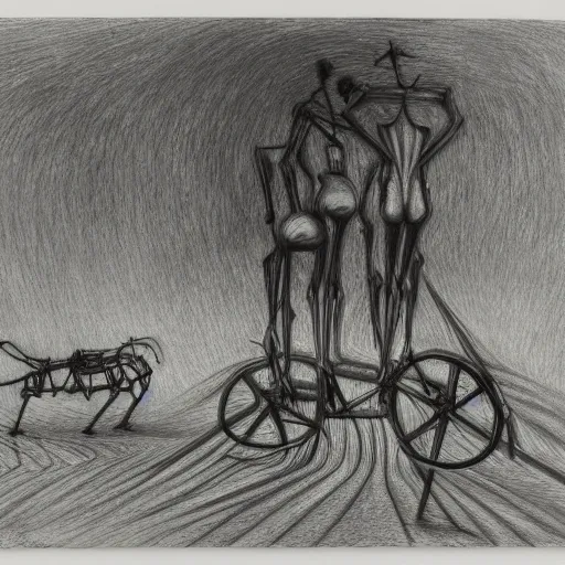 Image similar to depressing cool green by brett weston, by yves tanguy. the drawing features a human figure driving a chariot. the figure is skeletal & frail, with a large head & eyes. the chariot is pulled by two animals, which are also skeletal & frail.