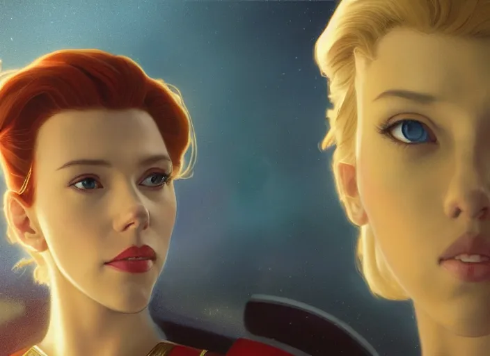 Image similar to a disney film still of scarlett johansson as a star trek officer, finely detailed features, closeup of the face, perfect art, dusk, blue hour, gapmoe yandere grimdark, trending on pixiv fanbox, painted by greg rutkowski, makoto shinkai, takashi takeuchi, alphonse mucha, akihiko yoshida