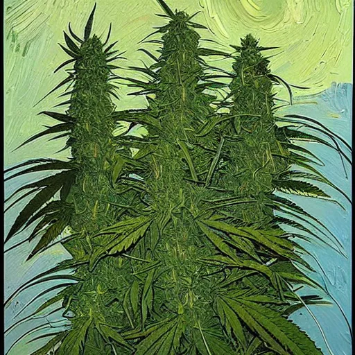 Image similar to jimm kerry spreads his hands against the background of growing cannabis. an oil painting in the style of van gogh