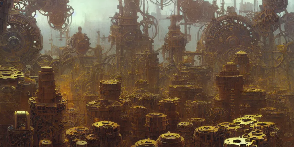 Image similar to giant interlocked cogs sprockets gears cogs, giant geometric mechanisms structures floating in space, industry, villages castles, buildings vista artstation illustration sharp focus vista painted by ruan jia raymond swanland lawrence alma tadema zdzislaw beksinski norman rockwell tom lovell alex malveda greg staples