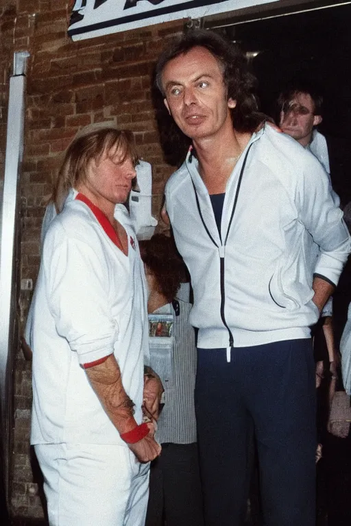 Prompt: Tony Blair with a mullet hair style, dressed in white 1980s tracksuit and trainers, standing outside a nightclub