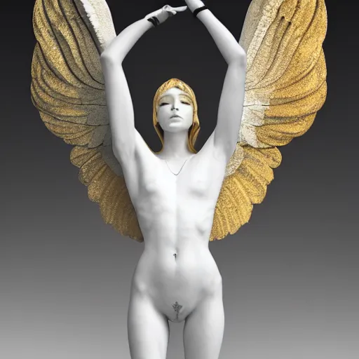 Image similar to a statue made of white marble with gold veins, of an beautiful gorgeous angel girl with huge wings, full body shot, perfect symmetrical body, perfect symmetrical face, no eyes, hyper realistic, hyper detailed, fujicolor superia 1 6 0 0 photo, by peter kemp, by monia merlo, by michelangelo octane render, blender, 8 k