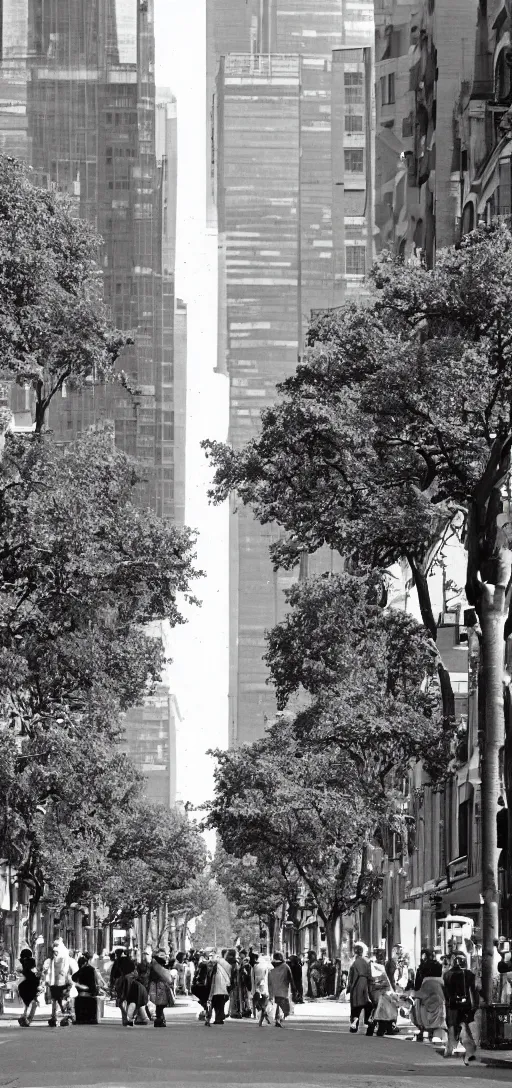 Image similar to a 1 9 8 0 s bustling city street with pedestrians and trees