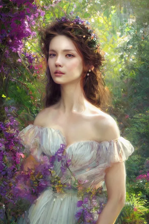 Prompt: portrait of a princess, painting by wlop, michael wellen, john stephens, in a verdant garden, tone mapping, trending on artstation