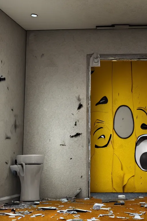 Image similar to old public restroom after a battle, graffiti on walls, broken tiles, broken lightbulbs toilets with scratches, roaches, mess. toilet paper everywhere pixar disney 4 k 3 d render funny animation movie oscar winning trending on artststion and behance. oscar award winning.