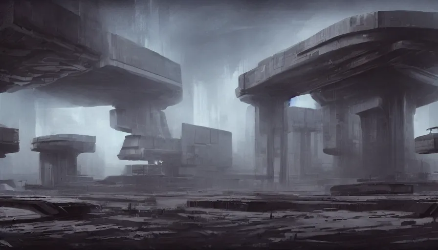 Image similar to scifi big brutalist base, jama jurabaev, greig fraser, roger deakins, cinematic shot, trending on artstation, high quality, brush stroke