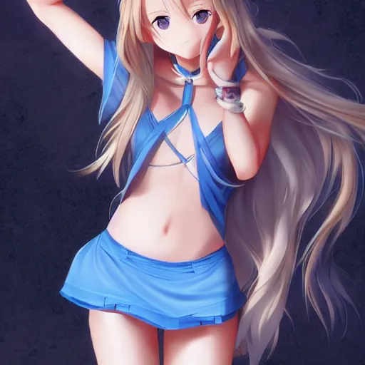 Image similar to a very beautiful young yuuki asuna, full body, long wavy blond hair, sky blue eyes, full round face,, bikini, miniskirt, front shot, highly detailed, cinematic wallpaper by stanley artgerm lau