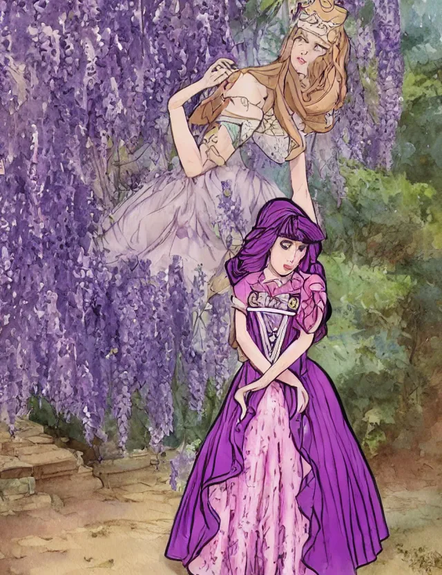 Prompt: middle eastern princess of the wisteria springs, wearing a lolita dress. this heavily stylized watercolor painting by an indie comic artist has an interesting color scheme, plenty of details and impeccable lighting.