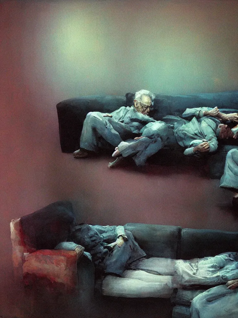 Prompt: old couple sleeping on a couch, psx game graphics , Beksinski painting, part by Adrian Ghenie