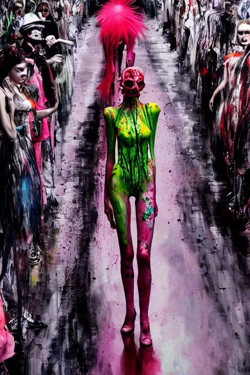 Image similar to crazy fashion catwalk, one model, crazy clothes, biopunk style, horror, clothes look like slime, hauntingly surreal, highly detailed painting by francis bacon, edward hopper, adrian ghenie, gerhard richter, and james jean soft light 4 k,