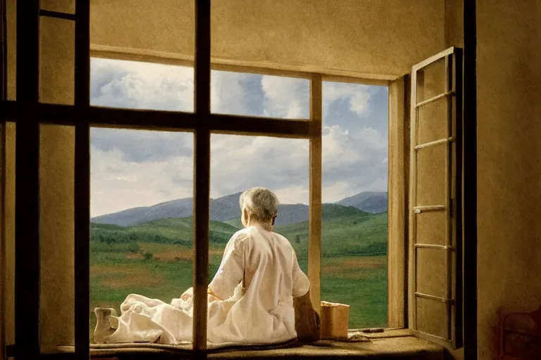 Image similar to a cinematic painting of an old female prisoner inside of jail cell looking out of a window onto a beautiful serene landscape, beautiful lighting, high depth, ultra realistic, artistic, by annie leibovitz, by gregory crewdson