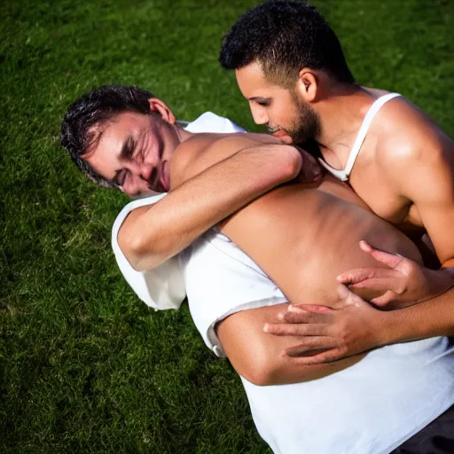 Image similar to man getting his armpits tickled by another man