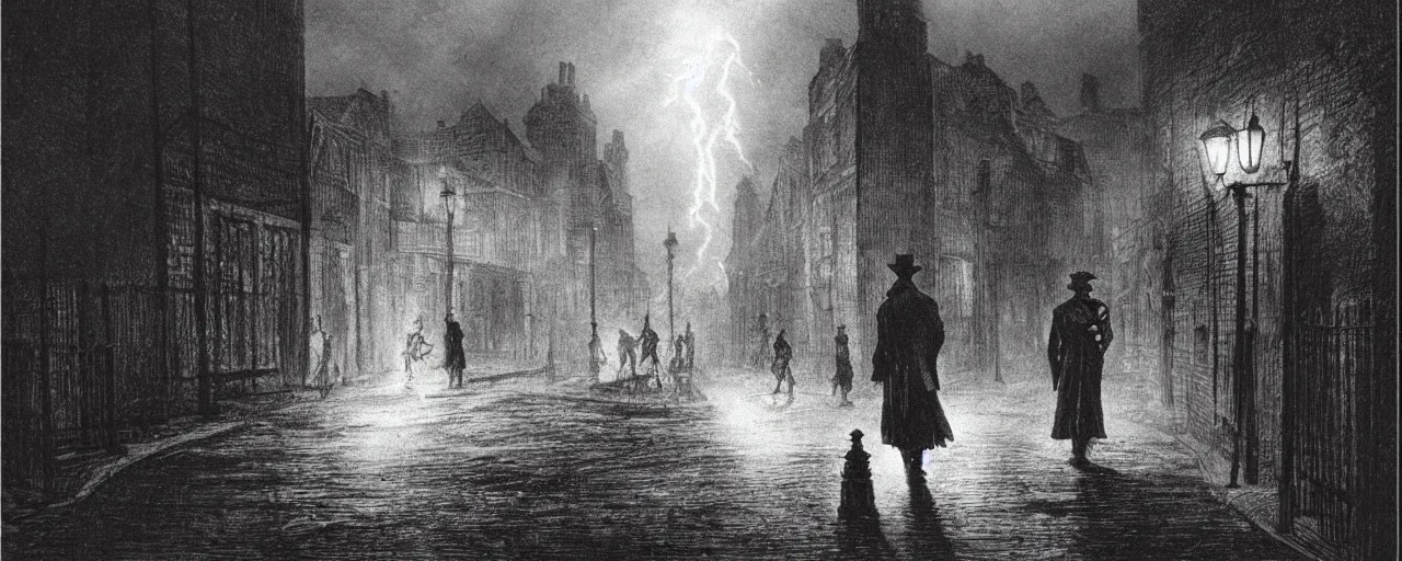 Image similar to Jack the ripper lurking at an innocent victim, 18th century London, streets, horror theme, detailed, elegant, intricate, cinematic lightning