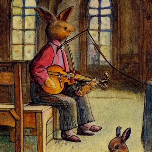 Image similar to a rabbit playing violin inside a church, in the style of carl larsson