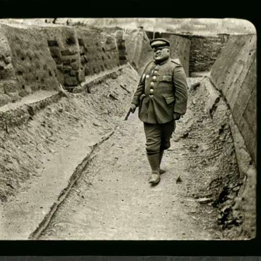 Image similar to Fat guy as a soldier, ww1 trench, war photo, film grain