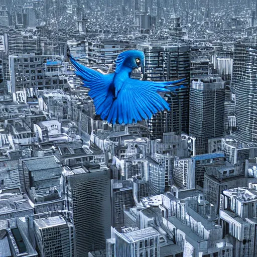 Prompt: blue parrot flying above a city, octane render, 8k