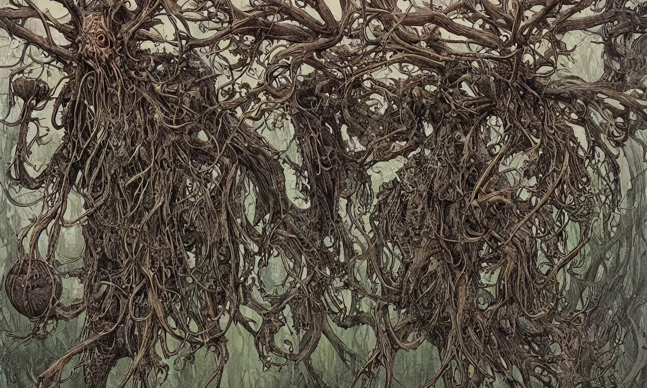 Image similar to hyperdetailed art nouveau portrait of treebeard as a cthulhu eyeball moose skull wendigo cryptid monster, by geof darrow, simon bisley and bill sienkiewicz, grim yet sparkling atmosphere, photorealism, claws, skeleton, antlers, fangs, forest, wild, bizarre, scary, lynn varley, lovern kindzierski, steve oliff