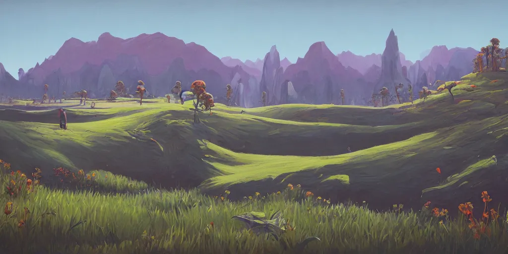 Image similar to landscape painting at noon by james jean and David Schnell painted in no mans sky style