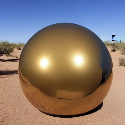 Image similar to a large metallic ball with a mirror finish sits in the arizona desert