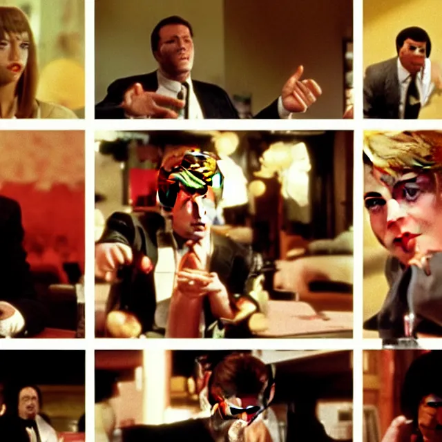 Image similar to film still from Pulp Fiction (1994) but every character is Donald Trump