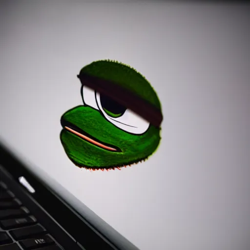 Image similar to closeup potrait of pepe frog behind a laptop in a dark room, screen light, sharp, detailed face, magazine, press, photo, Steve McCurry, David Lazar, Canon, Nikon, focus