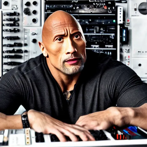 Image similar to dwayne johnson playing a modular synthesizer with lots of wires, ultra realistic, canon 3 5 m m photography, portrait