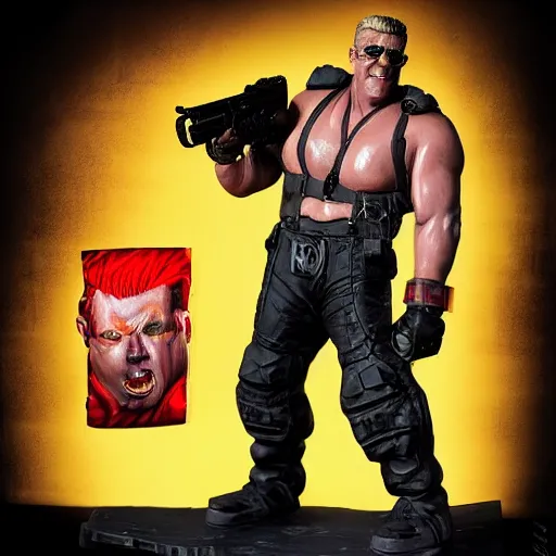 Prompt: a hyper realistic photo real photorealistic photograph of detailed Duke Nukem posing like a badass