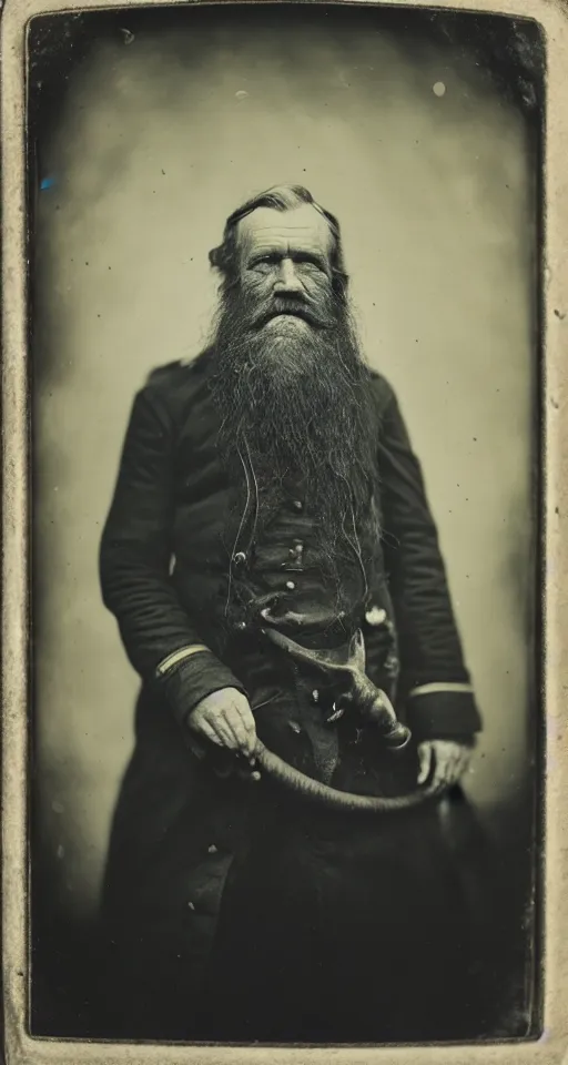 Image similar to a wet plate photograph, a portrait of a grizzled old sea captain