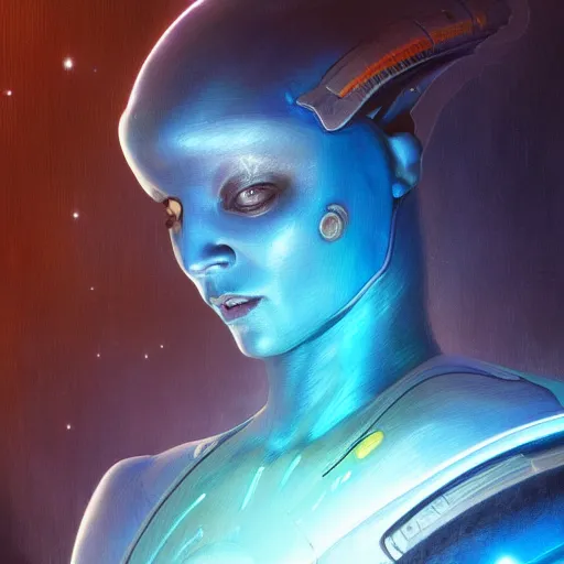 Image similar to portrait of a blue alien wearing a tight and smooth space suit, magical artifact, filaments, lightning, intimidating, intricate, headshot, highly detailed, digital painting, artstation, concept art, sharp focus, cinematic lighting, illustration, art by artgerm and greg rutkowski, alphonse mucha, cgsociety