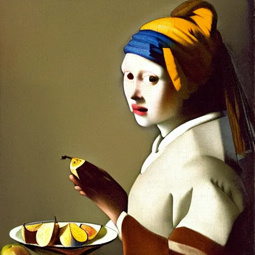 Prompt: a lost vermeer painting of a pug eating a fig from a dish full of fruits