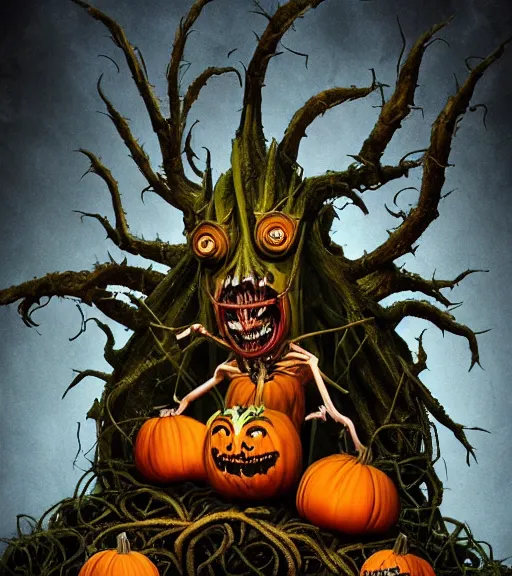 Prompt: a tim burton design of a horrifying king creature made of pumpkin, fat, limbs made from vines, sitting on a stone throne, detailed game art illustration, menacing carved facial expression, creepy lighting, dynamic pose, 4 k artstation, masterpiece