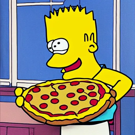 Prompt: hermen rode painting of bart simpson eating a pizza