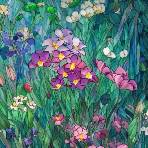 Prompt: synthetic elements of gouache painting of flowers and flower borders source material collection, style of studio ghibli, makoto shinkai, raphael lacoste, louis comfort tiffany, artgerm, james jean, ross tran