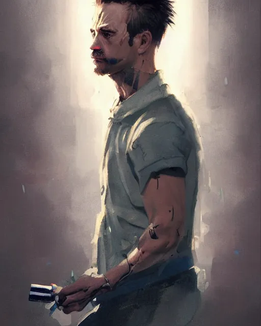 Image similar to painting portrait of Hobbes dressed as Tyler Durden in Star Fight Club, sharp focus, waist up, trending on ArtStation, masterpiece, by Greg Rutkowski, by Ross Tran, by Fenghua Zhong, octane, clear eyes, soft render, clear facial features, oil on canvas, moody lighting, cinematic, professional environment concept art