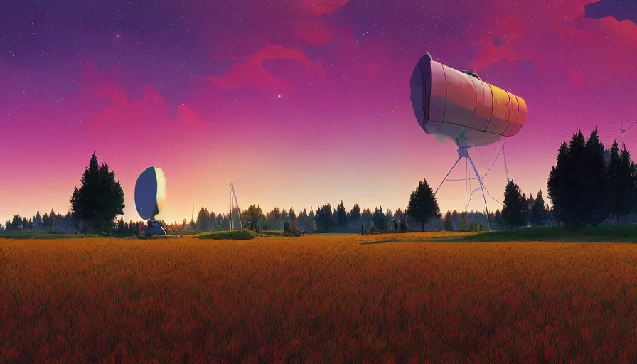 Image similar to colourful sky, wheat field, radio telescope, big trees, matte painting, art station, digital art, simon stalenhag