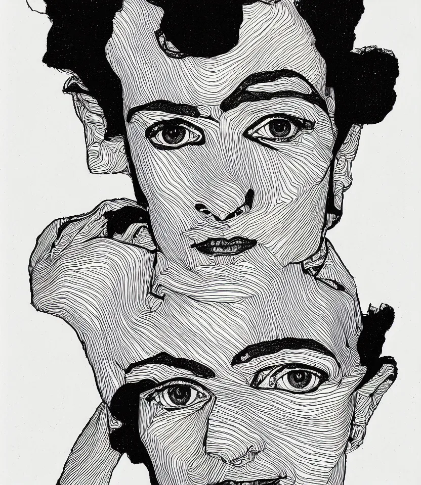 Image similar to detailed line art portrait of margaret bourke - white, inspired by egon schiele. caricatural, minimalist, bold contour lines, musicality, soft twirls curls and curves, confident personality, raw emotion